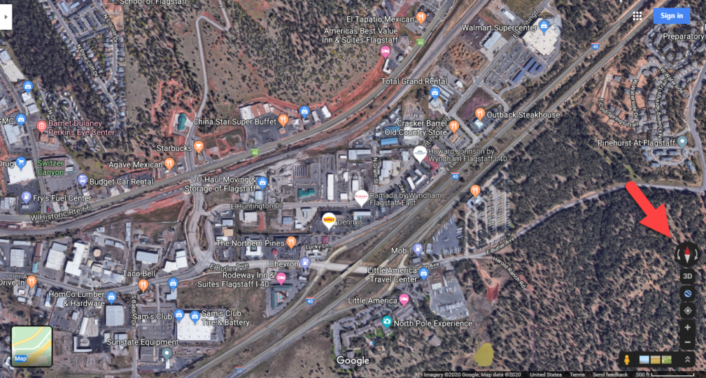 Desktop screenshot of Google Maps looking down a Flagstaff, AZ.