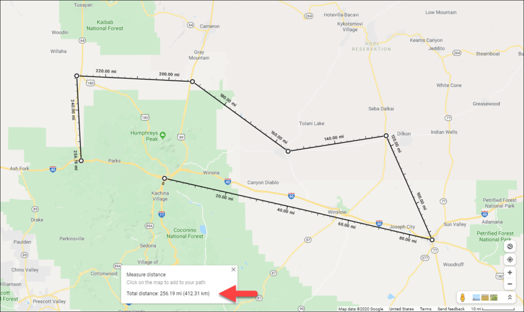 Desktop screenshot of Google Maps with multiple points joined by black lines - measuring distance.