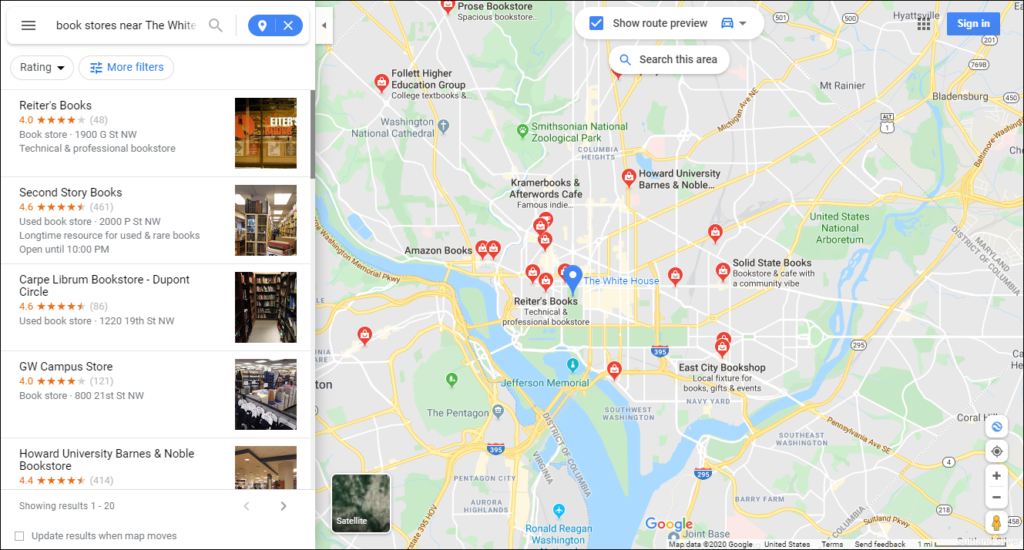 Desktop screenshot of Google Map showing bookstore locations around the White House in Washington DC.