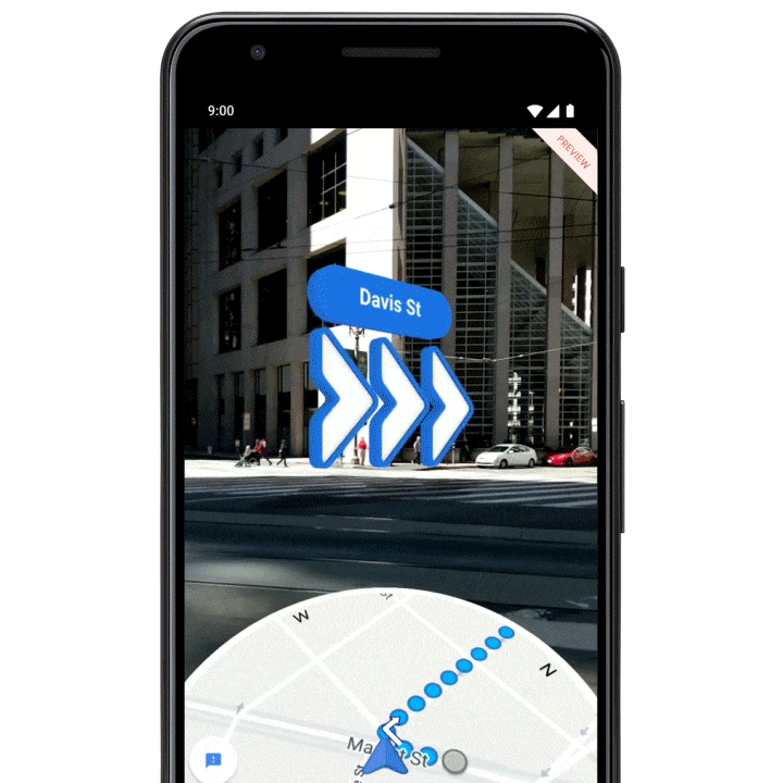 Mobile animated gif of Google Maps  linked in to the live camera feed showing directions using augmented reality on a Google Pixel phone.