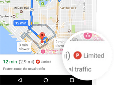 Mobile screenshot of Google Maps showing a "P" within a red circle indicating that parking is limited.